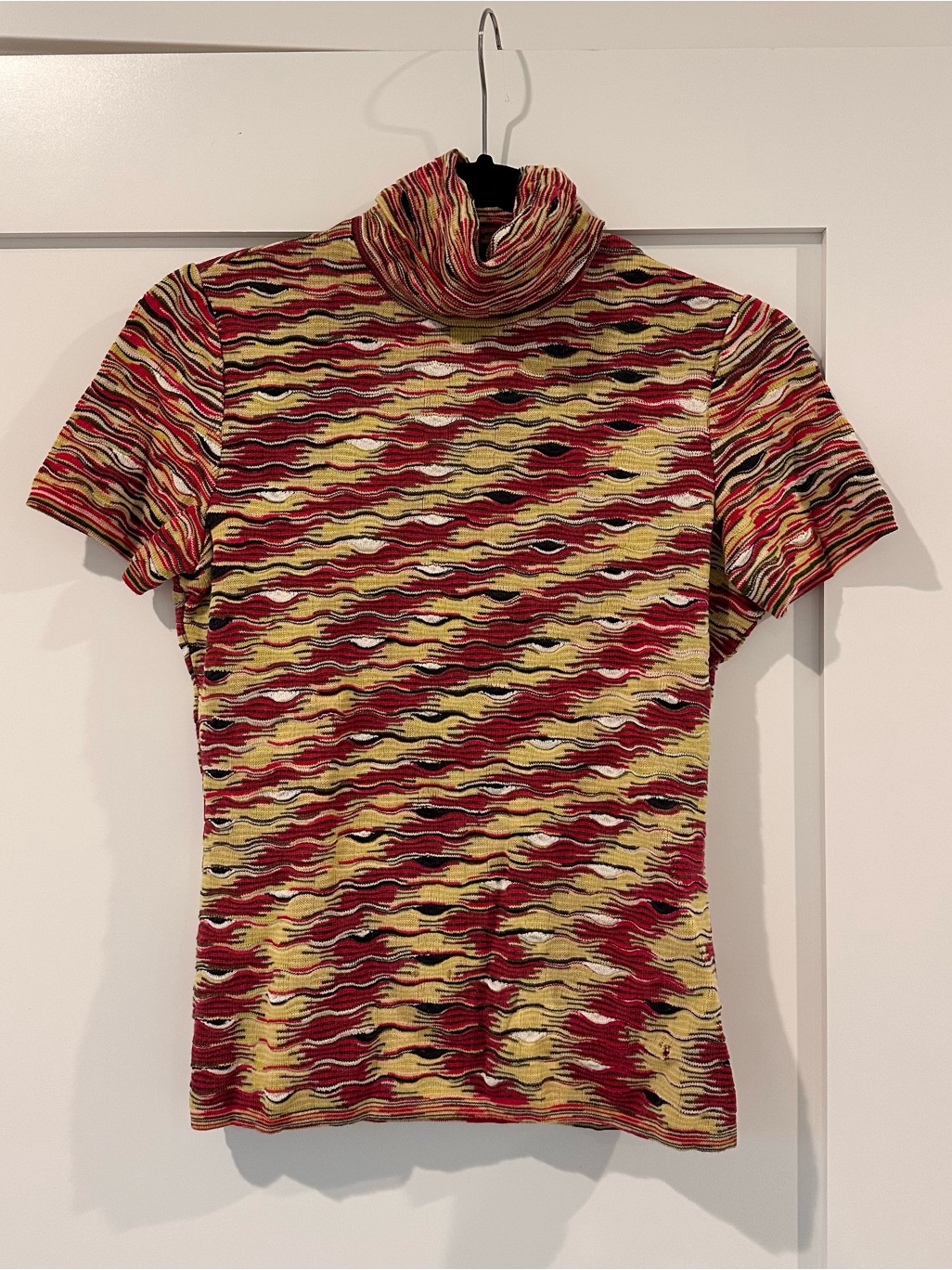 Missoni Silk-Wool Short-Sleeve Turtleneck Top In Fuchsia, Yellow & Black